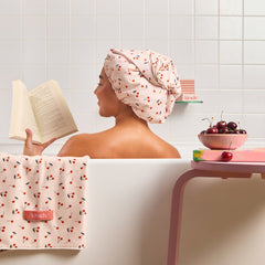 Cherry Print Satin Lined Flexi Shower Cap + XL Hair Towel Bundle