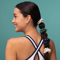 Cream, Court Green & Navy Blue Ruched Satin Scrunchies 5pc Set
