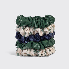 Cream, Court Green & Navy Blue Ruched Satin Scrunchies 5pc Set