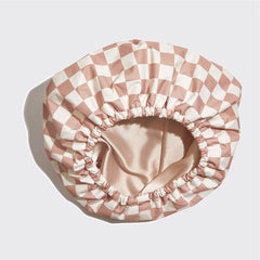 Terracotta Checker Satin Lined Flexi Shower Cap + XL Hair Towel Bundle