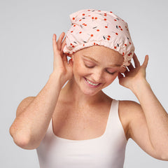 Cherry Print Satin Lined Flexi Shower Cap + XL Hair Towel Bundle