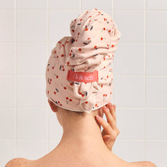 Cherry Print Satin Lined Flexi Shower Cap + XL Hair Towel Bundle