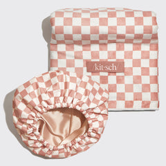 Terracotta Checker Satin Lined Flexi Shower Cap + XL Hair Towel Bundle